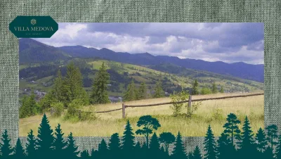 Scenic hillside meadow with a wooden fence, pine trees, and distant mountains; forest silhouettes border the bottom with Villa Medova logo top-left.