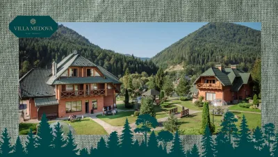 Two chalet-style wooden villas with green roofs sit in a grassy resort surrounded by forested mountains; Villa Medova logo at top-left.
