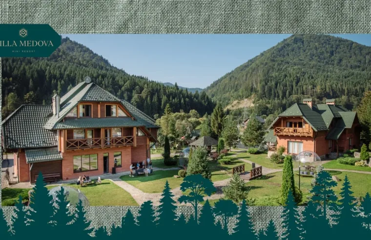 Baza vidpochynku v Karpatakh shcho obraty Two chalet-style wooden villas with green roofs sit in a grassy resort surrounded by forested mountains; Villa Medova logo at top-left.