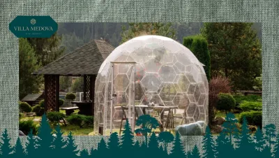 Geodesic glass dome and wooden gazebo in a landscaped garden with Villa Medova logo in the corner.