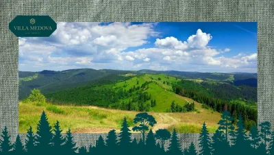 Panoramic view of rolling green hills and forests under a blue sky with white clouds; Villa Medova logo sits in the top-left corner.
