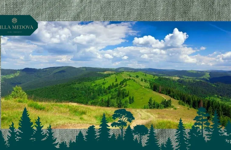 Hora Makivka marshrut, istoriya ta shcho podyvytysya poruch Panoramic view of rolling green hills and forests under a blue sky with white clouds; Villa Medova logo sits in the top-left corner.
