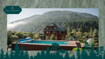 Villa Medova resort building with a rectangular pool, set among forested mountains.
