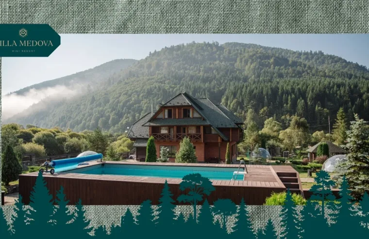 Vidpochynok u Karpatakh z baseynom de skupatysya z vydom na hory Villa Medova resort building with a rectangular pool, set among forested mountains.
